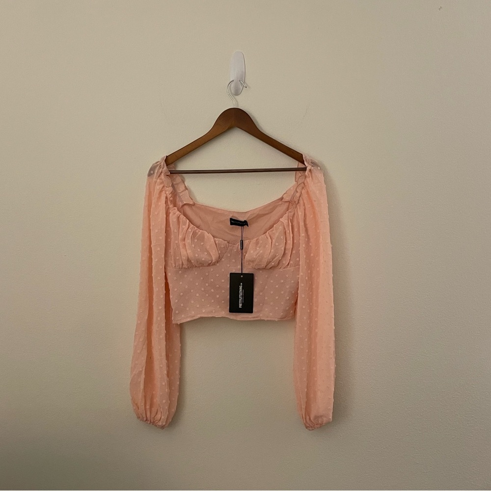 PrettyLittleThing Rose Debby Mesh Pink Classy Puff Long Sleeve Blouse Top